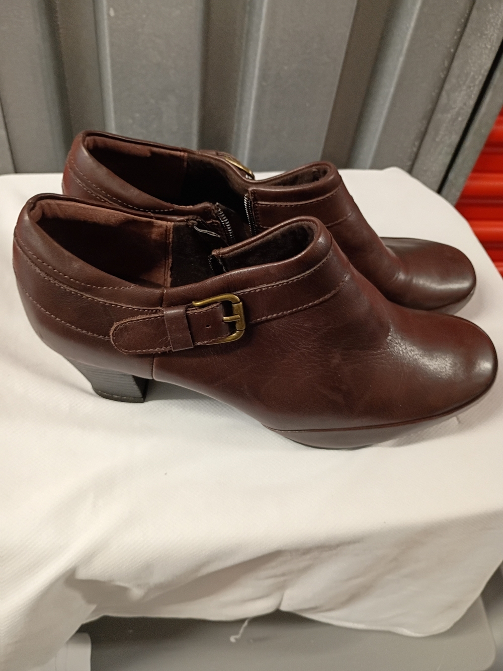 Clarks Dark Brown Leather Ankle Heeled Boots with Buckle